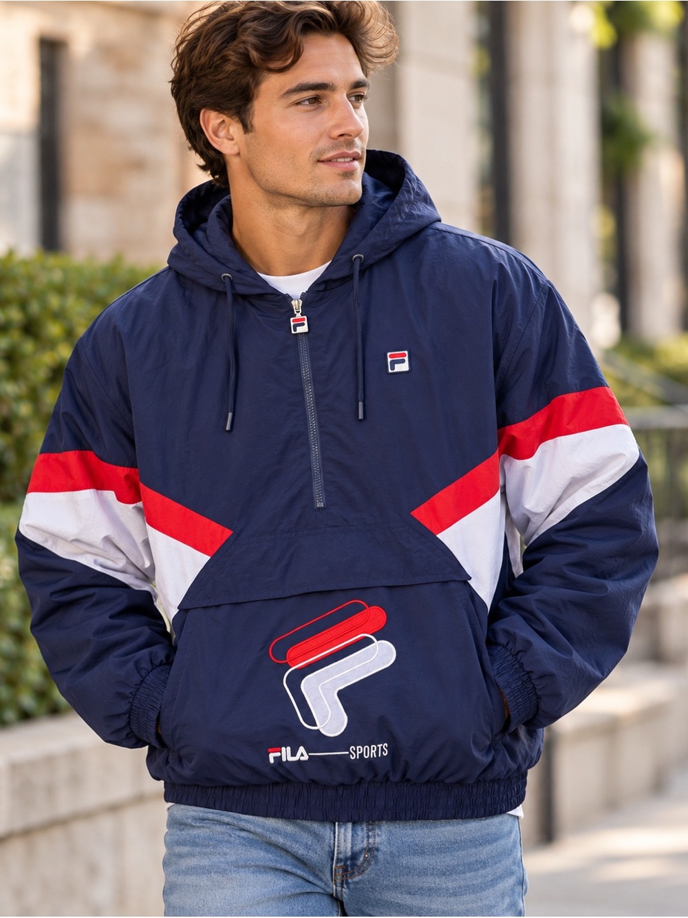 Fila Sport Vintage Style Navy Red White Half Zip Hooded Windbreaker Men’s L